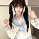 閃動(dòng)少女（SHANDONGSHAONV）JK制服女日系學(xué)院風(fēng)可愛(ài)甜美水手服短袖刺繡裙套裝 藍色金魚(yú)結+兔子配飾 XL