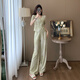 休閑時(shí)尚運(yùn)動(dòng)套裝女夏季顯瘦減齡洋氣新中式國(guó)風(fēng)短袖闊腿褲一整套 淺綠色 2XL 推薦125-135斤