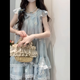 鏡莎法式藍色碎花新品連衣裙女2025夏季小清新仙女甜美學(xué)生寬松裙子女 藍色 均碼 可備注碼數