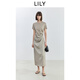 LILY2025夏新款女裝時(shí)尚設計感拼接褶皺收腰通勤純色短袖連衣裙 715灰棕 S