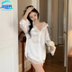超超鴨（CHAOCHAOYA）2025年春夏季節新款純欲風(fēng)蕾絲長(cháng)袖白襯衫睡衣女鏤空家居服套裝 白色【襯衫+短褲】 M 【80-100】