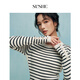 束皙SUSHE可機洗羊毛撞色黑白條紋氣質(zhì)打底針織衫上衣女春 條紋狂想 S