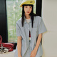 MMLG 87mm 純棉短袖襯衫女夏季新款綠色條紋韓系學(xué)院風(fēng)情侶上衣外套 灰綠白條 S