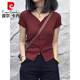 皮爾卡丹大碼酒紅色V領(lǐng)針織衫短袖T恤女2025夏季新款氣質(zhì)輕熟時(shí)尚百搭體恤 暗紅色 XL (建議115斤-130斤)