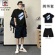 AEMAPE寬松大碼工裝短褲夏季潮牌套裝短袖T恤男ins韓版百搭休閑男裝 兩件裝藍天黑色T+黑色工裝短褲 XL 均碼
