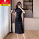 皮爾卡丹（pierre cardin）赫小本香風(fēng)新中式復(fù)古名媛氣質(zhì)短袖提花連衣裙黑色小禮服旗袍針織 黑色原版 2XL