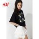 H&M女裝T恤2025秋季新款寬松印花美式圓領(lǐng)圖案落肩中袖上衣1287801 黑色/花卉 S 160/88