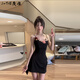 J-the重工V領立體花朵吊帶連衣裙女夏2025年新款設計感純欲甜辣風短裙 黑色 S
