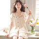 眠島夏季睡衣女純棉紗布短袖中褲套裝甜美少女大碼薄款家居服 米白 S (155-162cm 105斤以?xún)?