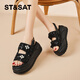 星期六（St&Sat）厚底時(shí)裝涼鞋女2025夏季新款時(shí)尚增高休閑羅馬沙灘鞋女水鉆配裙子 黑色 36