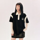 CHUU字母刺繡T恤女2025年夏季新品翻領(lǐng)撞色設(shè)計(jì)拼接短袖polo上衣 黑色 均碼