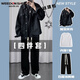 威登羊牛仔外套男春夏潮牌痞帥休閑大碼胖子夾克港風(fēng)寬松學(xué)生工裝外套男 黑色夾克+白長(zhǎng)T+黑色大繩褲+項(xiàng)鏈 L