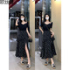 歐絲婕（OUSIJIE）大碼女裝胖mm2025夏季優(yōu)雅氣質收腰寬松顯瘦女裝黑色碎花連衣裙 黑色 3XL 【150-170斤】