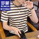 羅蒙（ROMON）條紋短袖t恤男春夏季新款寬松短袖男T半袖休閑打底衫上衣服男裝 淺咖色 XL （約120-135斤可穿）