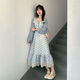 衣然呈品連衣裙女士夏季新款美式高街潮牌藍(lán)色吊帶收腰娃娃領(lǐng)碎花長裙子女 兩件套裝 M 【建議90-105斤】
