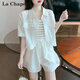 拉夏貝爾（La Chapelle）夏季套裝女裝2025年夏季新款時(shí)尚簡(jiǎn)約短褲短袖襯衫條紋吊帶三件套 杏色套裝 L