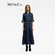 MO&Co.春秋方扣腰帶高腰七分袖牛仔連衣裙塔塔裙摩安珂 牛仔藍色 S 160