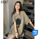 FSAT特大碼胖mm2-300斤破洞t恤女寬松bf風(fēng)中長(cháng)款短袖體恤上衣潮ins夏 卡其色 商場(chǎng)同款 XL 建議125-150斤 商場(chǎng)同款