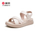 康奈（kangnai）一字帶涼鞋女2025夏季新款真皮平底媽媽鞋厚底魔術(shù)貼沙灘涼鞋 米白色 38
