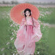 十二花神櫻花漢服女重工刺繡外超仙大袖漸變色柯子裙日常春夏秋款 櫻花四件套 雙大袖衫訶子裙 披帛 S