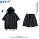 NY-MR【一套】短袖襯衫套裝男夏季日系工裝連帽上衣學(xué)生休閑衣服情侶裝 GS-7050#耀夜黑 XL