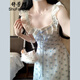 舒芳蝶（shufangdie）法式藍色碎花方領吊帶連衣裙子女夏季2025年新款開春韓系穿搭套裝 藍色連衣裙 M
