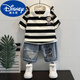 迪士尼（Disney）男童條紋短袖套裝夏季薄款兒童裝2025新款寶寶夏裝薄款polo衫衣服 黑色【套裝】 100
