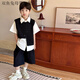 雙魚兔男童夏裝套裝2025新款中大童夏季男孩演出禮服兒童西裝馬甲三件套 黑色 110