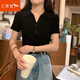 紅蜻蜓2025夏季新款polo領小衫紐扣高級設計感短袖T恤女冰絲針織薄上衣 黑色 均碼 【建議80-130斤】