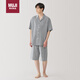 無(wú)印良品（MUJI）男式 無(wú)側(cè)縫 泡泡紗短袖睡衣 藏青色條紋  XL 