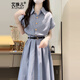 艾珠兒（Aizhuer）2025新款韓系學(xué)院風(fēng)藍色短袖襯衫連衣裙子女夏季氣質(zhì)收腰長(cháng)裙夏天 【藍色】 L