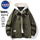 NASA MARVEL夾克男春秋連帽外套假兩件寬松潮流戶外工裝棒球服 綠色 XL