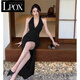 LPOX性感連衣裙開(kāi)叉掛脖連衣裙女夏赫本風(fēng)高級(jí)感小禮裙修身性感長(zhǎng)款 黑色 M 【95-105斤】