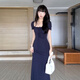 夢(mèng)琪嵐純欲辣妹法式方領(lǐng)修身收腰包臀連衣裙女夏季小媽風(fēng)魚(yú)尾a字長(cháng)裙子 【藏藍色】 M 45/55kg