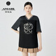阿瑪施（AMASS）女裝夏季新款時尚拼接設(shè)計天絲V領(lǐng)印花廓形短袖T恤女530058 黑色 M (3碼)