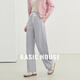 百家好（Basic House）Basic House/百家好蕾絲高腰運動(dòng)衛褲春季流行花邊拼接闊腿休閑褲 煙灰色 L
