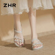 ZHR平底涼拖鞋女氣質(zhì)水鉆兩穿單涼鞋女仙女風(fēng)一字帶女鞋 EH169米色38