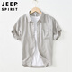 JEEP SPIRIT吉普透氣棉麻短袖襯衫男士夏季薄款休閑外套男士襯衣 淺灰  XL