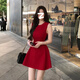 GARNUO紅色連衣裙女夏季法式訂婚禮服敬酒服收腰顯瘦無(wú)袖背心紅裙子短裙 紅色 M 【101-110斤】