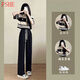 FSHE時(shí)尚秋季套裝女新款韓版寬松學(xué)院風(fēng)條紋Polo領(lǐng)上衣+闊腿褲兩件套 條紋polo上衣+黑綁帶褲【一套裝 L 【合適105-125斤】
