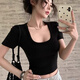 妙奕嘉黑色緊身純欲上衣短袖t恤女潮流短款設(shè)計(jì)感露臍夏季新款正肩修身 正肩露臍短款螺紋T恤【黑色】 M 【建議115斤以下】