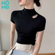 NOME正肩半高領(lǐng)短袖t恤女內搭打底衫半袖設計感鏤空上衣 黑色  2XL 