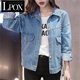 LPOX70-140斤高棉牛仔外套女寬松牛仔衣春秋新款韓版bf夾克學(xué)生 淺藍(lán)色 S