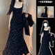 斤慕黑色碎花吊帶連衣裙女2025夏新款復(fù)古方領(lǐng)內(nèi)搭收腰包臀魚尾長裙 黑色M