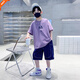 諾佳微淇男童夏季套裝2025新款洋氣中大兒童夏款短袖t恤帥氣小男孩兩件套 紫色短袖+牛仔短褲【兩件套】 150