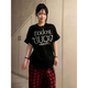 純棉珍珠釘珠潮流短袖t恤女夏季2025新款寬松美式復(fù)古黑色上衣服 黑色 M