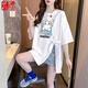 莜仙格夏季休閑寬松遮肚子短袖t恤女上衣胖mm大碼時尚開叉半袖體恤200斤 白色 M 建議 80-110斤