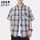 JEEP SPIRIT吉普襯衫男短袖夏季休閑格子襯衣男士外套男裝涼感上衣服高端半袖