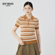 深呼吸DEEP BREATH女裝復古拉鏈Polo領(lǐng)拼色條紋天絲針織衫女A301201 卡其領(lǐng)-卡其白條 L (4)