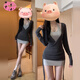 OTST2025早春新款灰色掛脖吊帶連衣裙子女秋冬純欲風(fēng)辣妹包臀短裙套裝 開(kāi)衫+背心裙 S 80-90斤